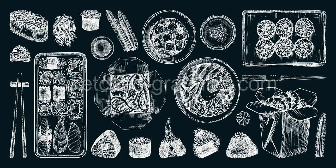 Asian food hand-drawn vector illustrations on chalkboard background. Japanese cuisine menu design elements. NOT AI generated Illustration